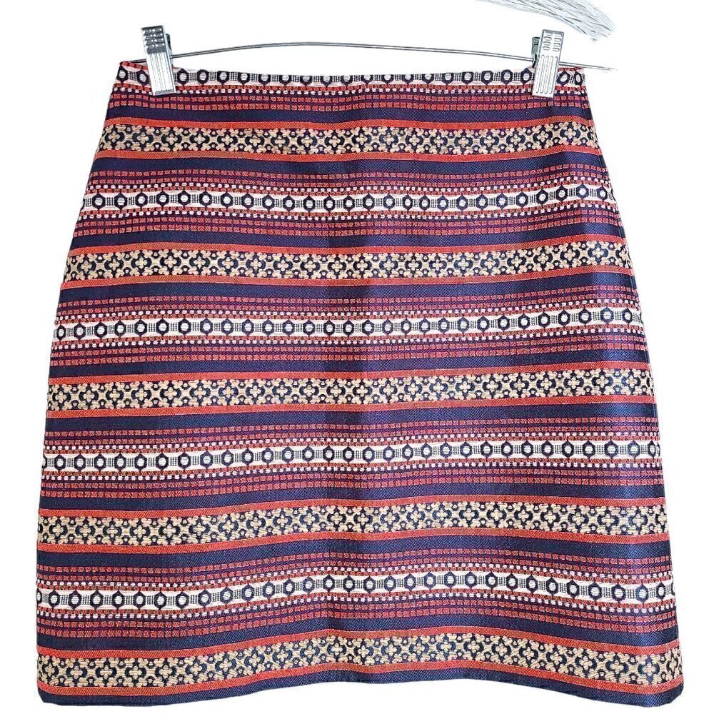 Ann Taylor Loft Blue Red Tan Aztec Tribal Geometric Stripe Mini Skirt